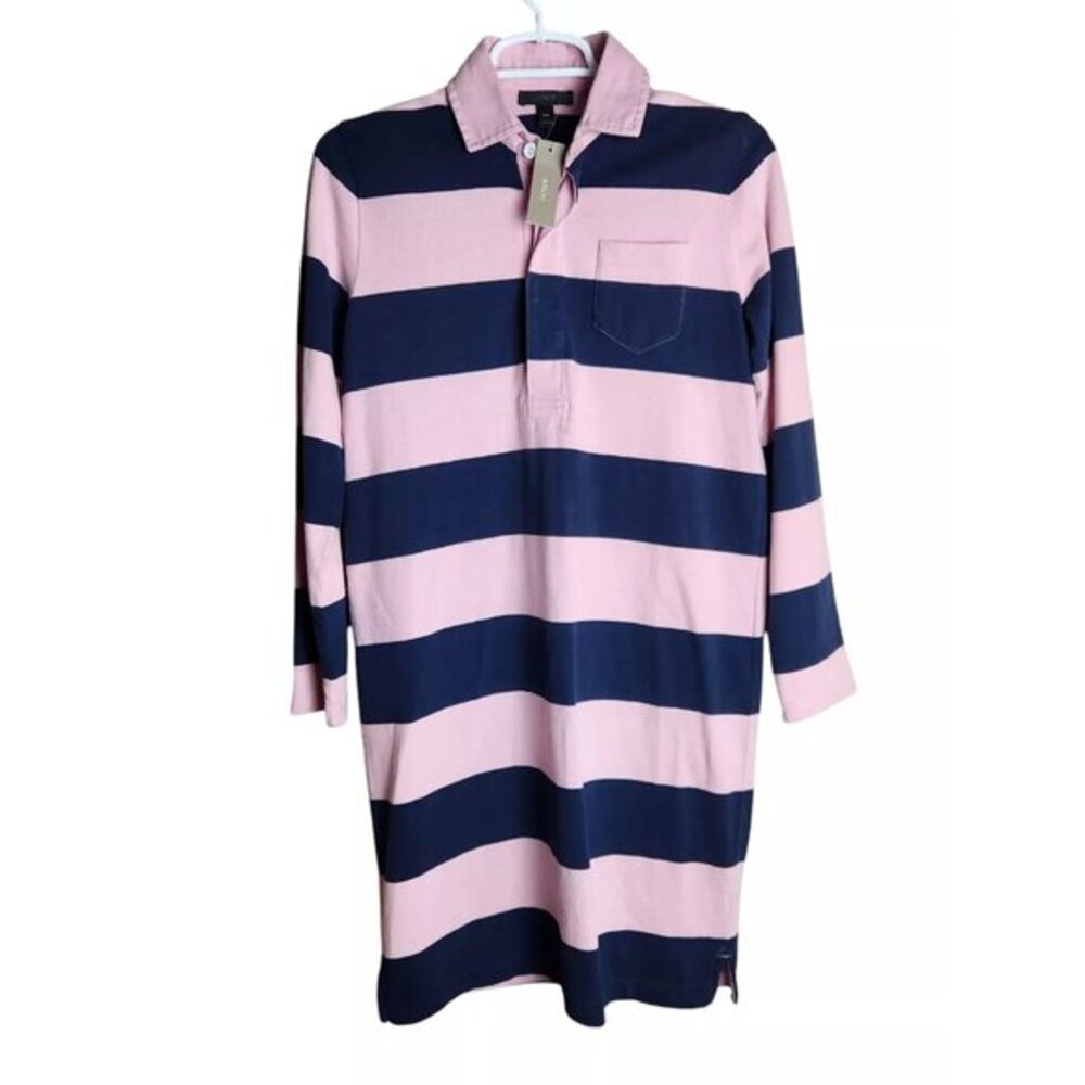 J Crew Always Rugby Dress‎ NWT Women XXS Pink Navy Striped Long Sleeve J0518
